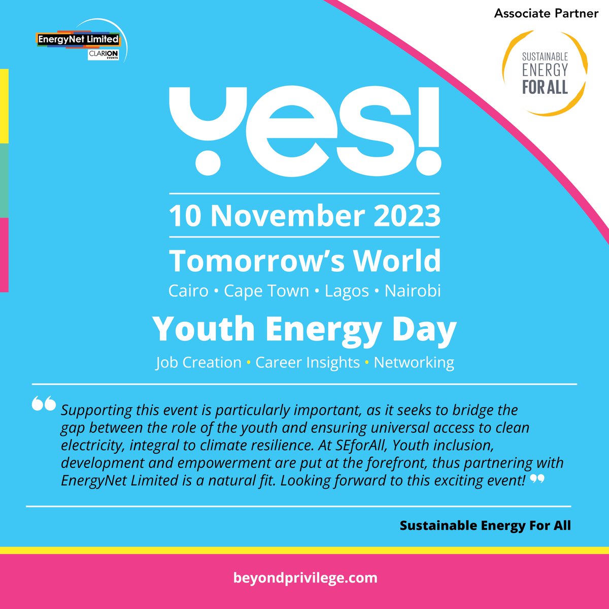 EnergyNet_Ltd's tweet photo. 🔥 Don't miss the #YES! #YouthEnergyDay TOMORROW on #BeyondPrivilege! 🌐 Live-streamed sessions from anywhere in Africa will connect you with recruiting companies for amazing job opportunities! Only 1 day to go! #youthinenergy
Sign up now🔗https://t.co/WXUHcF9ufv #EnergyJobs 🚀 https://t.co/Bw1e3n2u0p