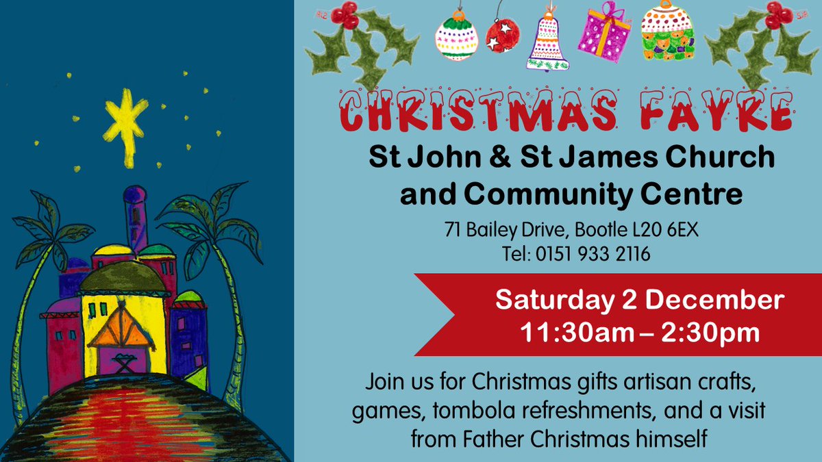 The St John & St James Christmas Fayre takes place on Saturday 2 December. There are some stalls still available. Please call the office to book one. Tables are £5 plus a donation to the raffle. 0151 933 2116
