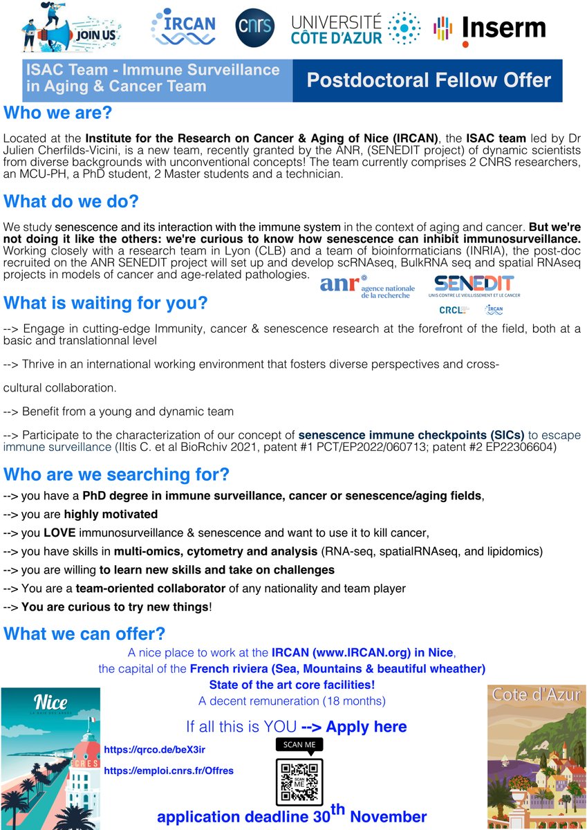 We are looking for a new team mate to work on senescence immunosurveillance. Please spread the word ! If you are interested, please apply on qrco.de/beX3ir