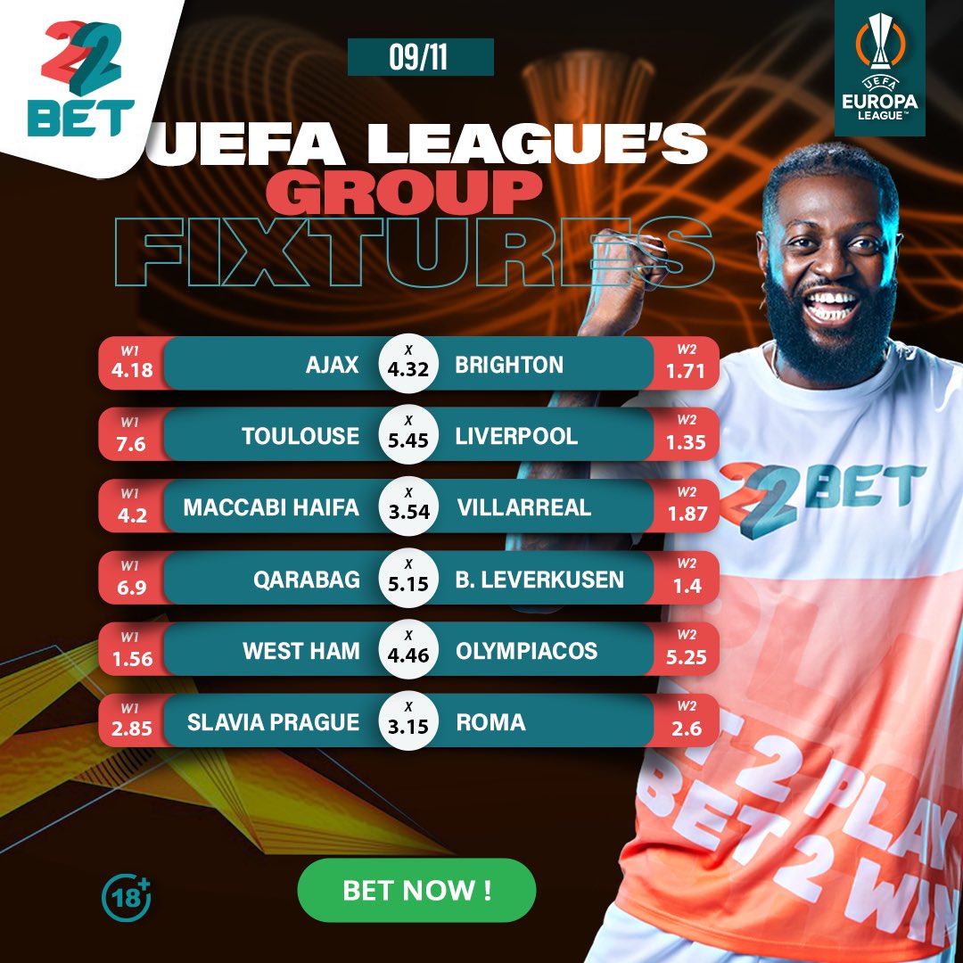 Here are some of today's #UEFA #EuropaLeague matches #Ajax will entertain #Brighton & Hove Albion at the Amsterdam Arena in a Group B encounter Stake here 👉🏾 bit.ly/3A5ZOXi #22Bet #Bestodds