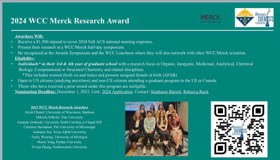 Apply for the WCC Merck Research Award! You’re a great candidate. Deadline is Dec 1. @AcsWcc #MerckChemistry #WomenInChemistry