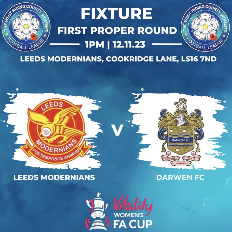 🏆 FA Cup First Proper Round 🏆 Leeds Modernians Women have reached the first proper round of the FA Cup!! If you don’t have a game any support would be hugely welcomed as they host Darwen FC Women, in what will be a very competitive fixture. 🗓️ Sunday 12th November 1pm k/o