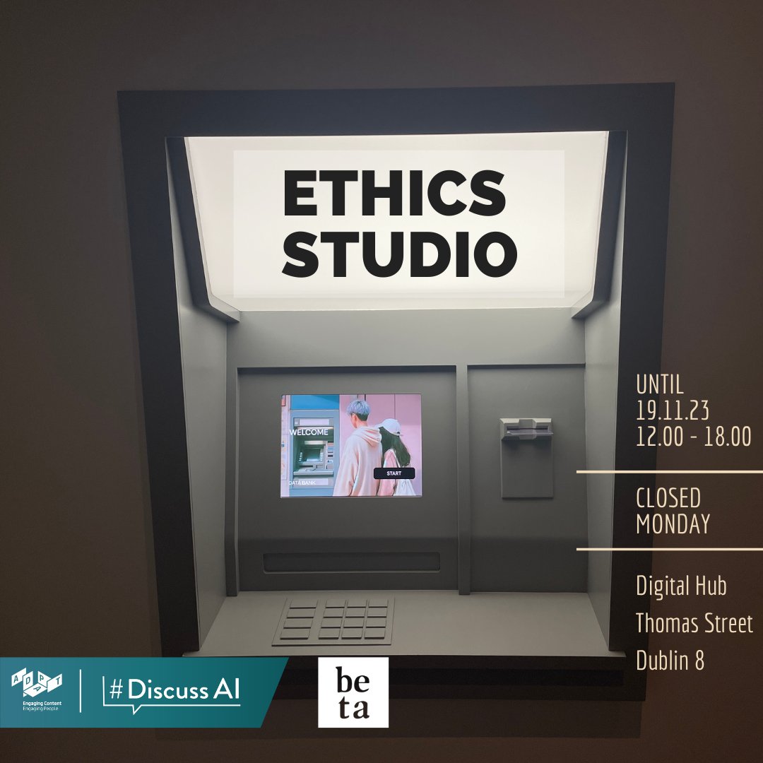 DiscussAI's tweet image. Beta Festival is Dublin's Art + Technology festival. 
At @BetaFest_IRL, @AdaptCentre researchers present ‘The Ethics Studio’, a space you can explore the ethical implications of new and emerging digital technologies. 
Open daily (except Mon) until 19 Nov.
#DiscussAI