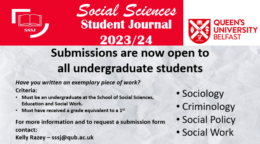 Calling all undergraduate students of <a href="/QUBSSESW/">SSESW at Queen's</a> we are now accepting submissions for the 4th edition of the Social Sciences Student Journal. #CallForArticles #SSSJ #QUB
