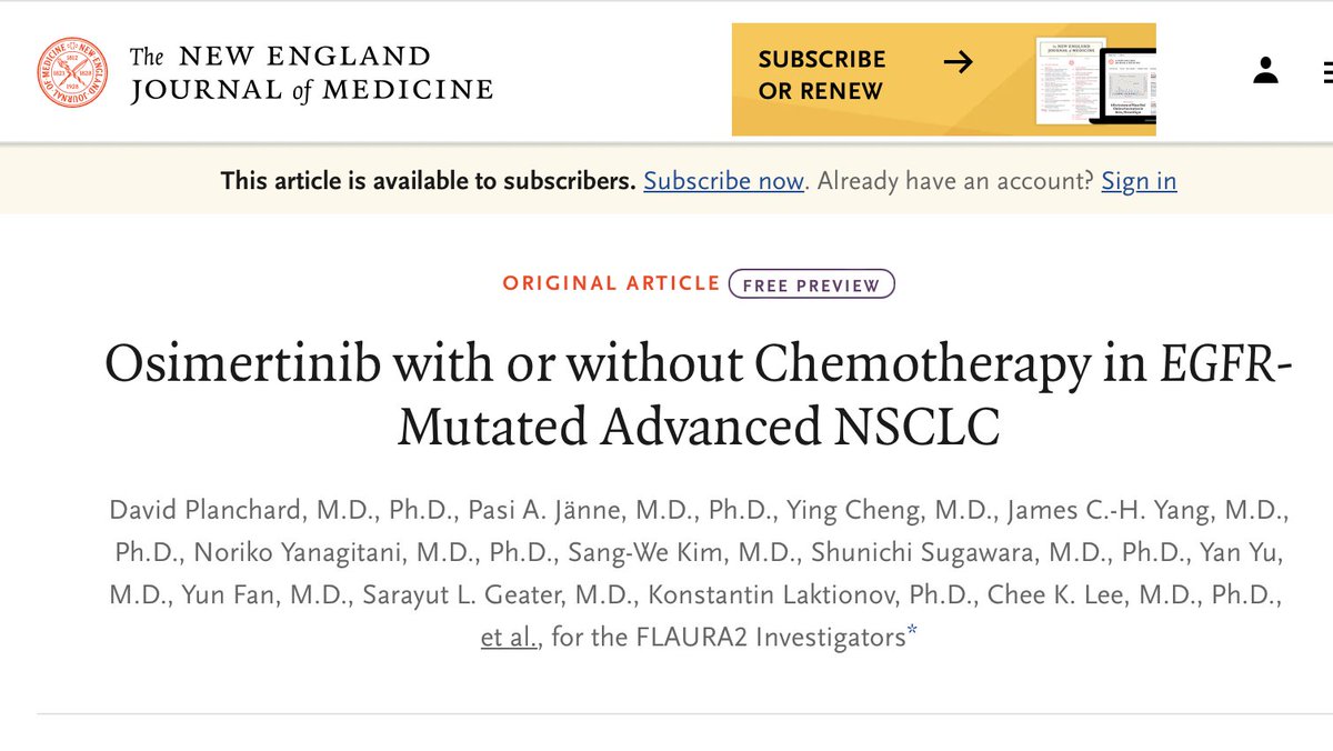 Just out on <a href="/NEJM/">NEJM</a> 
FLAURA2⃣

Phase 3⃣ trial, first-line treatment with osimertinib in combination with chemotherapy 🧪significantly extended progression-free survival in 🧬EGFR-mutated advanced non-small-cell lung cancer 🫁patients compared to osimertinib monotherapy, with higher