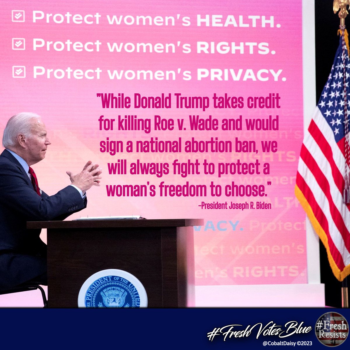 Real men respect women, their bodies, their choices, and their Civil Rights. 

While the Republican front runner, Donald Trump brags that Roe v. Wade was struck down because of him, Joe Biden “will always fight to protect a woman’s freedom to choose.”
#FreshStrong
#JustVoteBlue🇺🇸