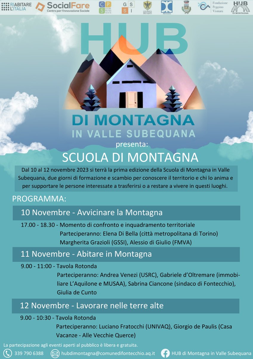 #SaveTheDate 

📍 Dal 10 al 12 novembre, “HUB di Montagna” ospiterà a Fontecchio la prima edizione della Scuola di Montagna in Valle Subequana.

ℹ️ riabitarelitalia.net/RIABITARE_LITA…

#gssiaq #socialsciences
