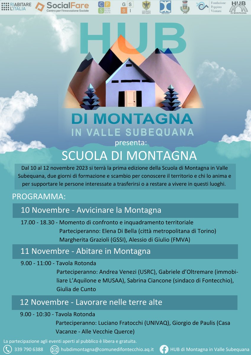 #SaveTheDate 📍 Dal 10 al 12 novembre, “HUB di Montagna” ospiterà a Fontecchio la prima edizione della Scuola di Montagna in Valle Subequana. ℹ️ riabitarelitalia.net/RIABITARE_LITA… #gssiaq #socialsciences