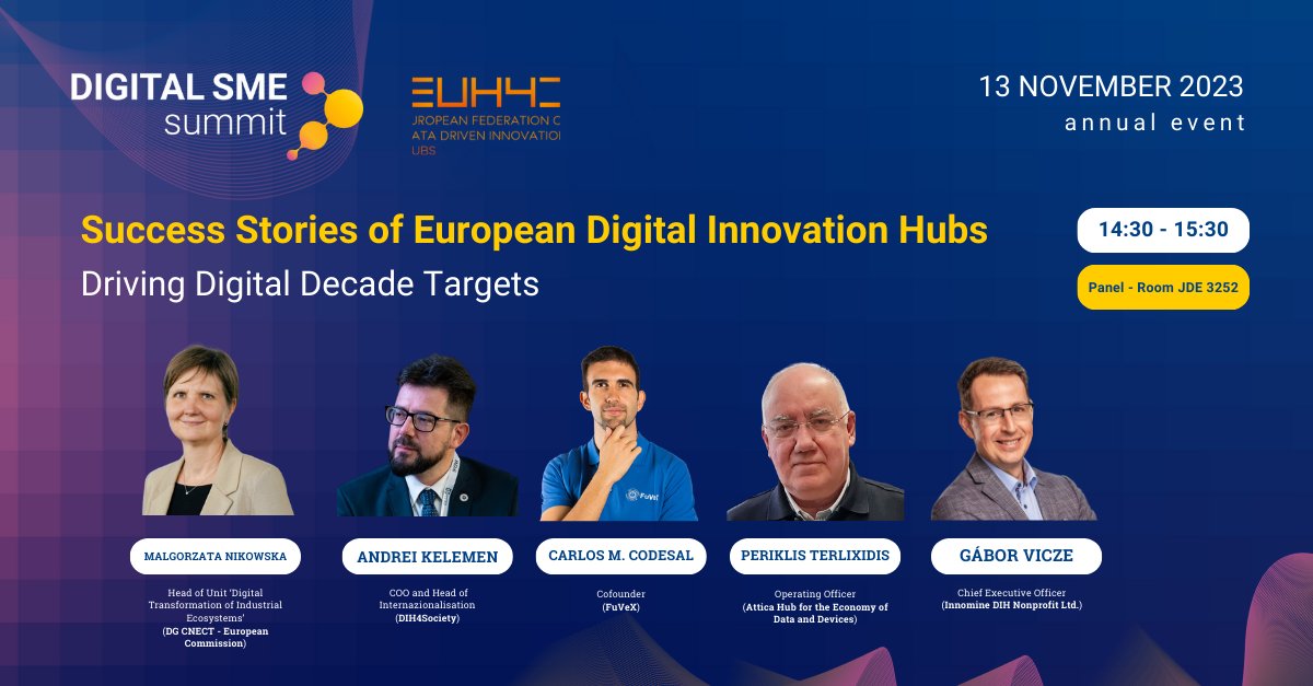 Four days for #DSMEsummit !

Panel:
"Success Stories of European Digital Innovation Hubs - Driving Digital Decade Targets"

Speakers will delve into the role of EDIHs for #digital transition efforts with concrete examples from #SMEs.

#Breakthedigital  👇
digitalsme.eu/digital-sme-su…