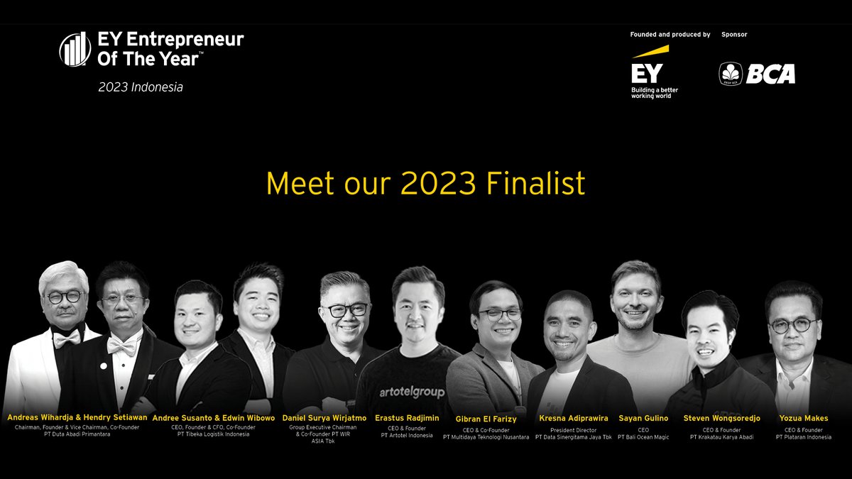 Who will be crowned EY Entrepreneur Of The Year 2023 Indonesia?
 
We are only days away from witnessing Indonesian entrepreneurs vie for the country winner title at the Entrepreneur Of The Year 2023 Awards Gala. 

Follow #EYEOYID to find out.
 
#TheArtofEntrepreneurship