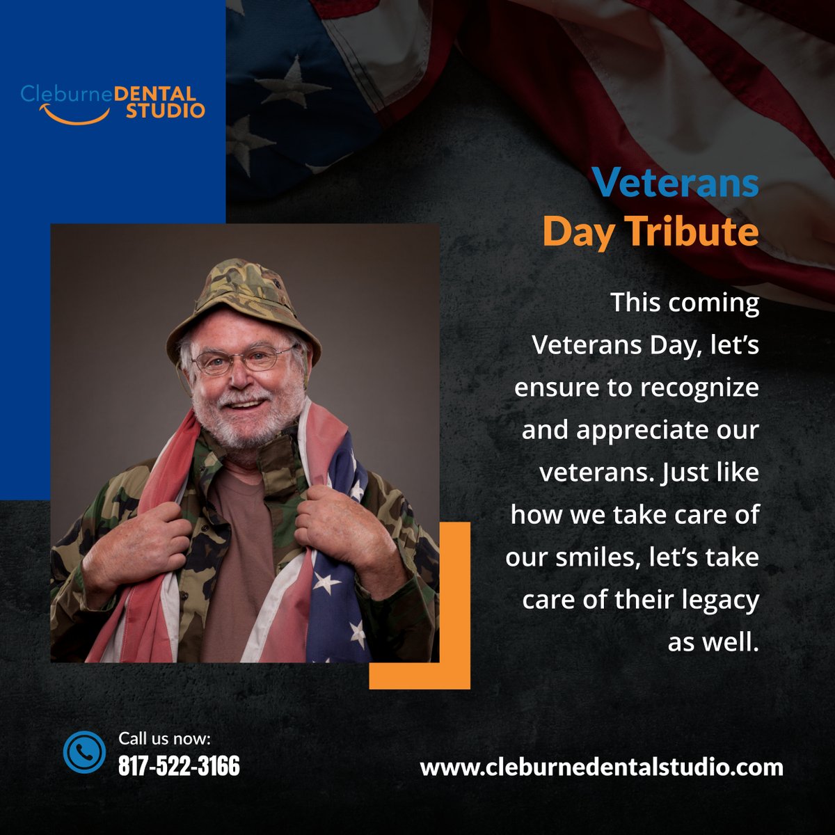 cleburnedntlstd's tweet image. As Veterans Day approaches, let&apos;s express our gratitude to the brave heroes who served. With the same diligence we devote to our smiles, let&apos;s cherish and uphold their lasting legacy.

#CleburneTX #DentalCare #VeteransDay