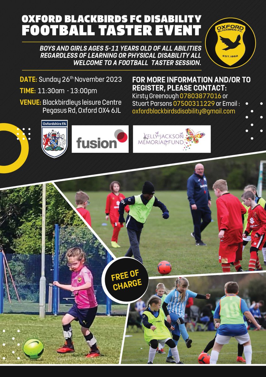 Oxford Blackbirds FC (@oxblackbirds) on Twitter photo are
For more information and/or to register please contact Kirsty at oxfordblackbirdsdisability@gmail.com or on 07803 877016.
#OxfordBlackbirds
#BlackbirdsFamily
#BlackbirdsDisabilityFootball
#FootballForAll
#InclusiveFootball are
For more information and/or to register please contact Kirsty at oxfordblackbirdsdisability@gmail.com or on 07803 877016.
#OxfordBlackbirds
#BlackbirdsFamily
#BlackbirdsDisabilityFootball
#FootballForAll
#InclusiveFootball