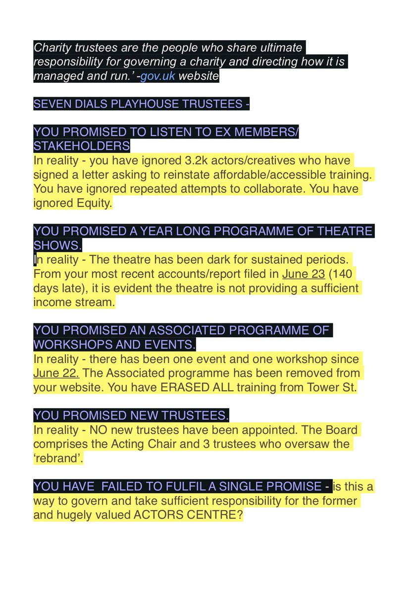 It’s #TrusteesWeek -  @7DialsPlayhouse trustees why have you systematically ignored  3.2k+ actors/creatives chng.it/X6r6DSZWVj calling to return training, offers to collaborate with Equity, concerns about the building’s future & questions re new trustees. We deserve better.