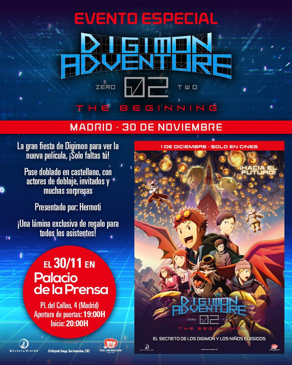 📢 ¡Evento especial de #Digimon! Celebramos el estreno en cines de Digimon Adventure 02: The Beginning en @palacioprensa junto a @DigimonWorldEsp ¡Ven a la gran fiesta de Digimon! Con invitados especiales, regalos y más sorpresas que pronto desvelaremos 🦋…