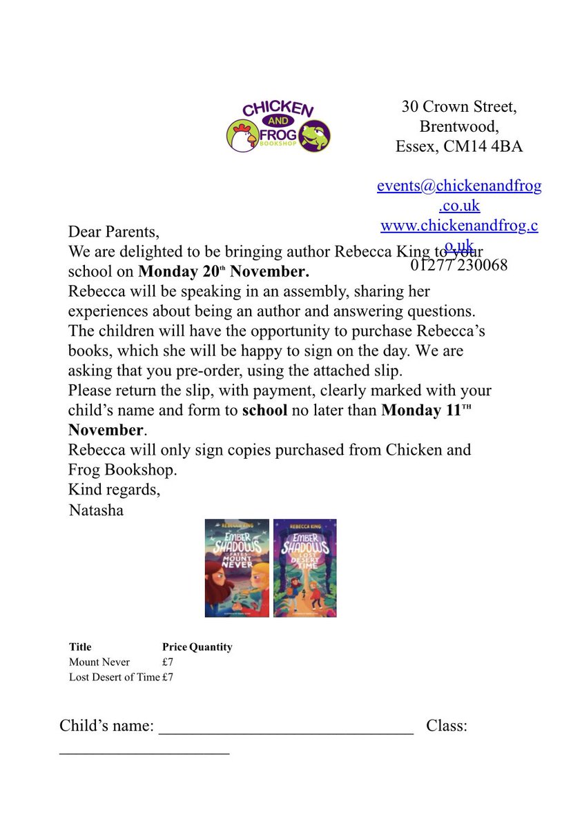 Hogarth Primary School (@hogarthps) on Twitter photo On Monday 20th November, author Rebecca King will be speaking to Years 3,4,5 & 6 about her experience being an author. Don’t forget to order a book for your child, ready for Rebecca King to sign! Orders must be in by Monday 11th November.
<a href="/RKingWriter/">Rebecca King</a>
<a href="/chickenandfrog/">Chicken & Frog</a> On Monday 20th November, author Rebecca King will be speaking to Years 3,4,5 & 6 about her experience being an author. Don’t forget to order a book for your child, ready for Rebecca King to sign! Orders must be in by Monday 11th November.
<a href="/RKingWriter/">Rebecca King</a>
<a href="/chickenandfrog/">Chicken & Frog</a>