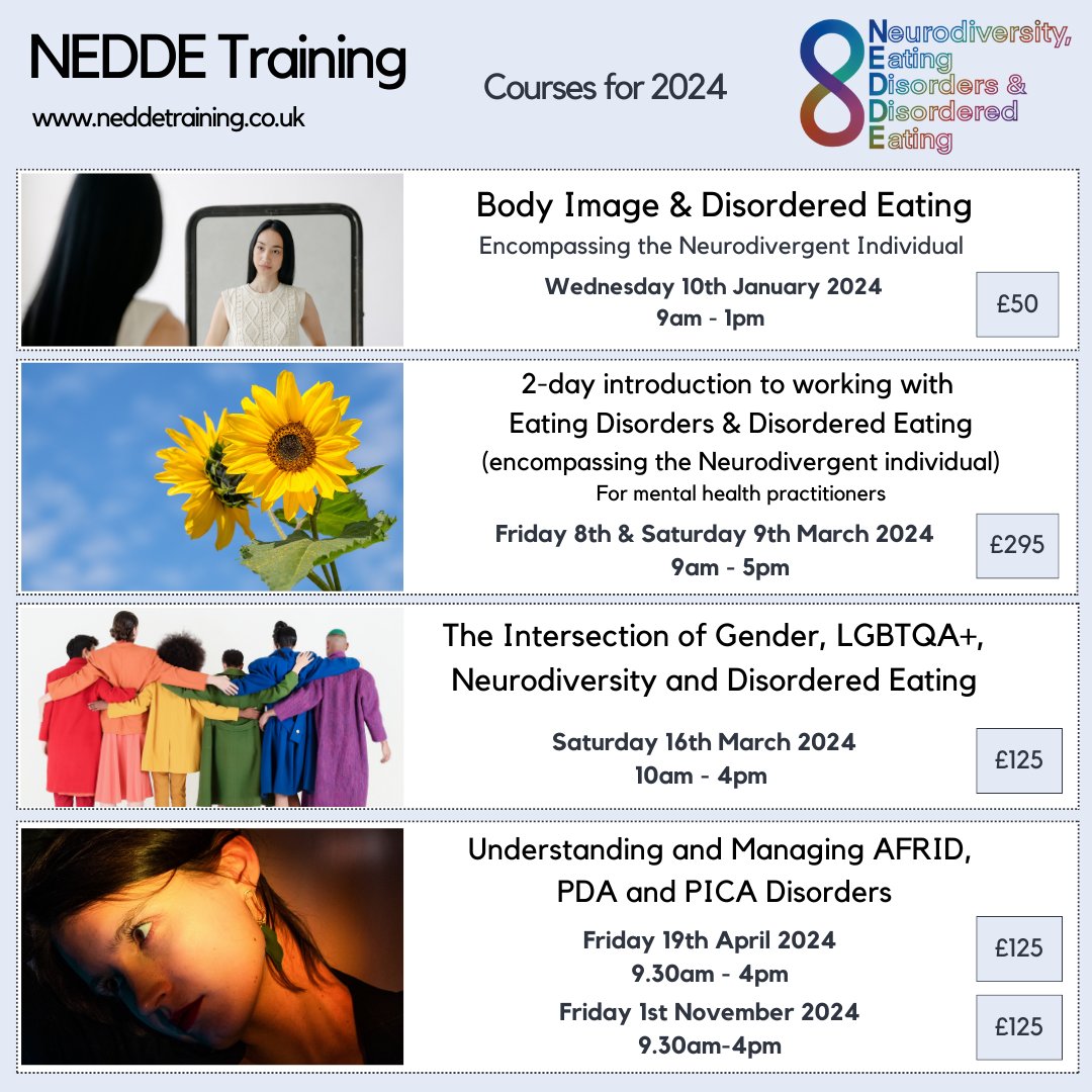After an amazing year of training in 2023, we are excited to announce our new training dates for 2024
 #eatingdisorders #anorexia #atypicalanorexia #bulimia #bingeeatingdisorder #neurodivergent #ADHD #AUDHD #autism