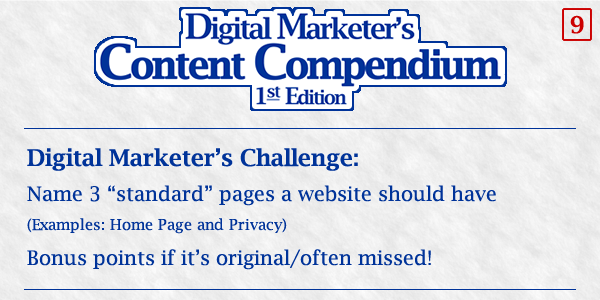 .
:: 9th Content Compendium challenge! ::

Websites can have lots of different Content Types,
but some page types are fairly standard!
(Site/System/Standard pages)

Can you name 3?

#DMCC #ContentCompendium 
#WebDesign #Business