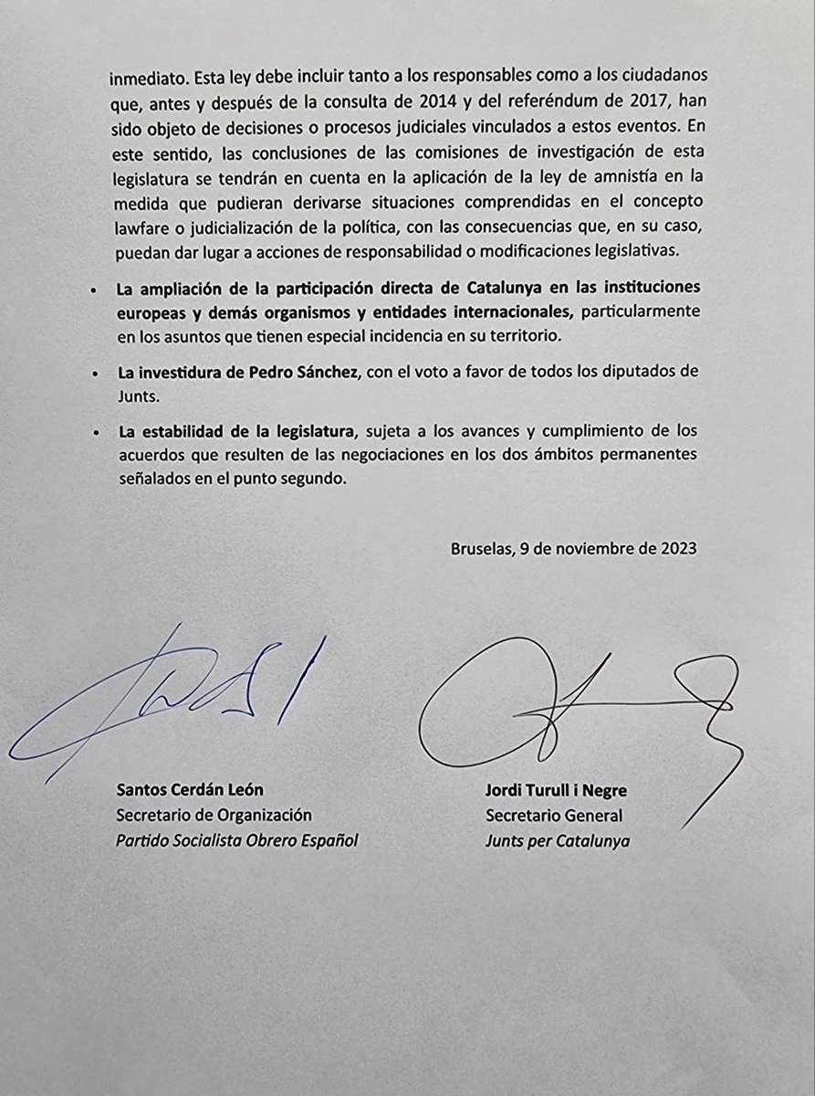 El acuerdo oficial PSOE-Junts.
