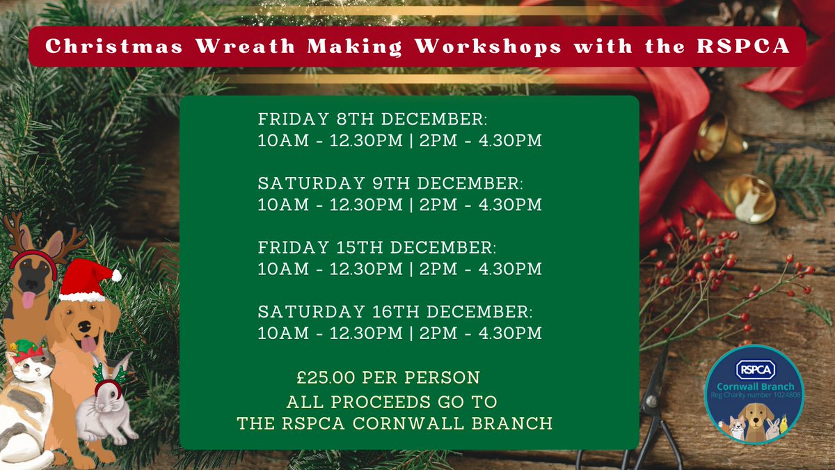 🎄Join us for a heartwarming Xmas Wreath Making Workshop! Craft, meet animals & support a great cause. ✨ 🐾 Your contribution goes a long way in caring for these wonderful animals. 🌟 Spread the love & book your spot: bit.ly/RSPCAWreaths 🎅 #RSPCAWorkshop #ChristmasCheer