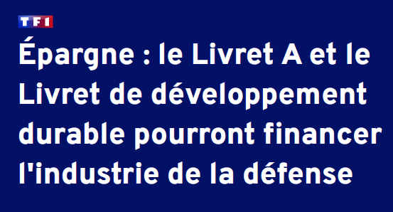 J'HALLUCINE. 

En 2017, nous avons exigé que chaque € des Livret Développement Durable (& Livret A) finance des activités vraiment 100% climat-compatibles. 

Le 11 déc 2017 @BrunoLeMaire a promis. 
Il ne l'a pas fait. 

En 2023, le LDDS va financer l'industrie de la défense.