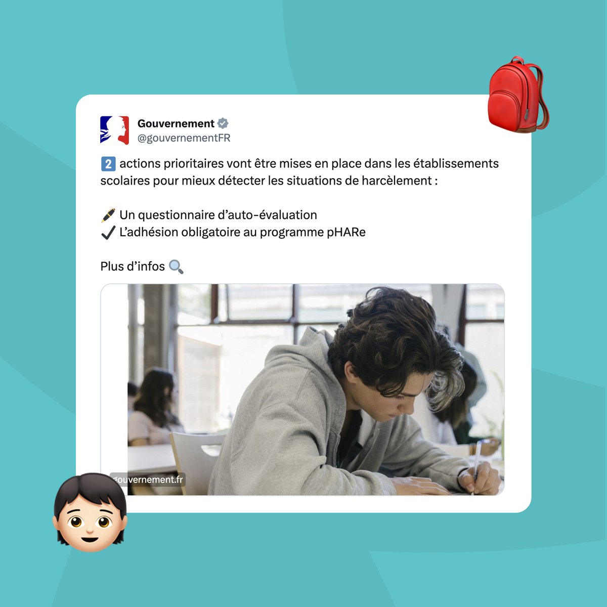 Aujourd’hui est la journée mondiale de lutte contre le harcèlement scolaire. ✊

Découvrez les actions mises en place dans les établissements scolaires en France 👉 gouvernement.fr/actualite/harc…

Ensemble, luttons contre la discrimination et le harcèlement ❌