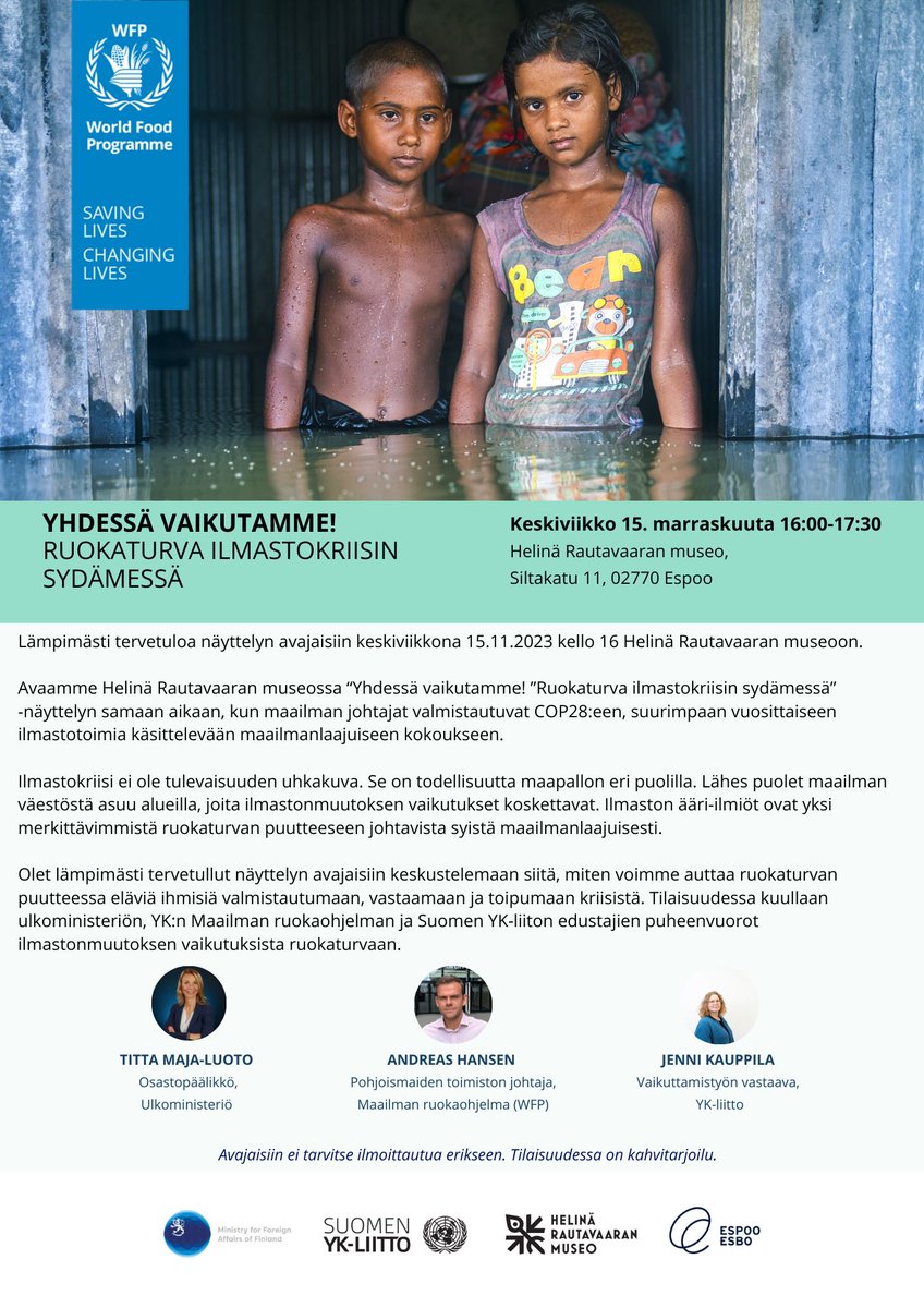 Jenni Kauppila (@jennikauppila) on Twitter photo Huomio erityisesti espoolaiset! <a href="/EspooEsbo/">Espoon kaupunki</a> <a href="/VilleTaajamaa/">Ville Taajamaa</a>. Tervetuloa ensi keskiviikkona 15.11. klo. 16-17.30 <a href="/HRmuseo/">Helinä Rautavaaran museo</a> #ilmastonmuutos ja #ruokaturva -tematiikka käsittelevän näyttelyn avajaisiin. Alustajina <a href="/titta_maja/">Titta Maja-Luoto</a> <a href="/Ulkoministerio/">MFA Finland 🇫🇮</a>, <a href="/WFP/">World Food Programme</a> 'n Andreas Hansen & allekirjoittanut Huomio erityisesti espoolaiset! <a href="/EspooEsbo/">Espoon kaupunki</a> <a href="/VilleTaajamaa/">Ville Taajamaa</a>. Tervetuloa ensi keskiviikkona 15.11. klo. 16-17.30 <a href="/HRmuseo/">Helinä Rautavaaran museo</a> #ilmastonmuutos ja #ruokaturva -tematiikka käsittelevän näyttelyn avajaisiin. Alustajina <a href="/titta_maja/">Titta Maja-Luoto</a> <a href="/Ulkoministerio/">MFA Finland 🇫🇮</a>, <a href="/WFP/">World Food Programme</a> 'n Andreas Hansen & allekirjoittanut