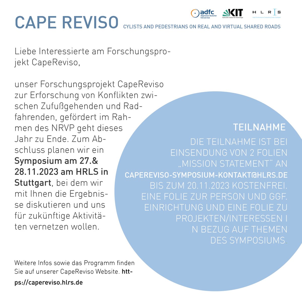 🚴‍♂️🚶‍♀️ Erlebe live Emotionsmessungen, Fahrradsimulatior und  spannende Vorträge beim Cape Reviso Abschlusssymposium am 27. &amp;  28.11 im HLRS Stuttgart. Kostenlose Anmeldung bis 20.11 mit "Mission  Statement". Sei dabei! #CapeReviso  regi.hlrs.de/2023/caperevis…