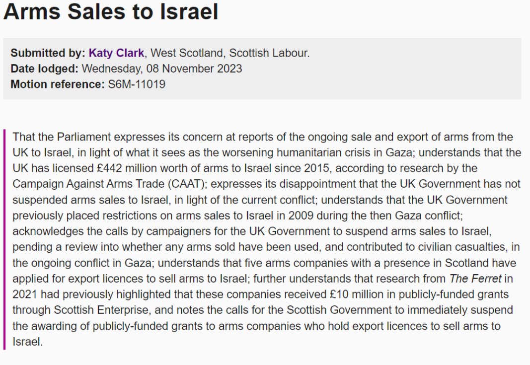 In selling arms to Israel, the UK is complicit in breaches of international law and the killing of innocent civilians. My motion calling on the UK to suspend the sale of arms to Israel and the Scottish Government to suspend its public grants to arms companies 👇 #CeasefireNOW