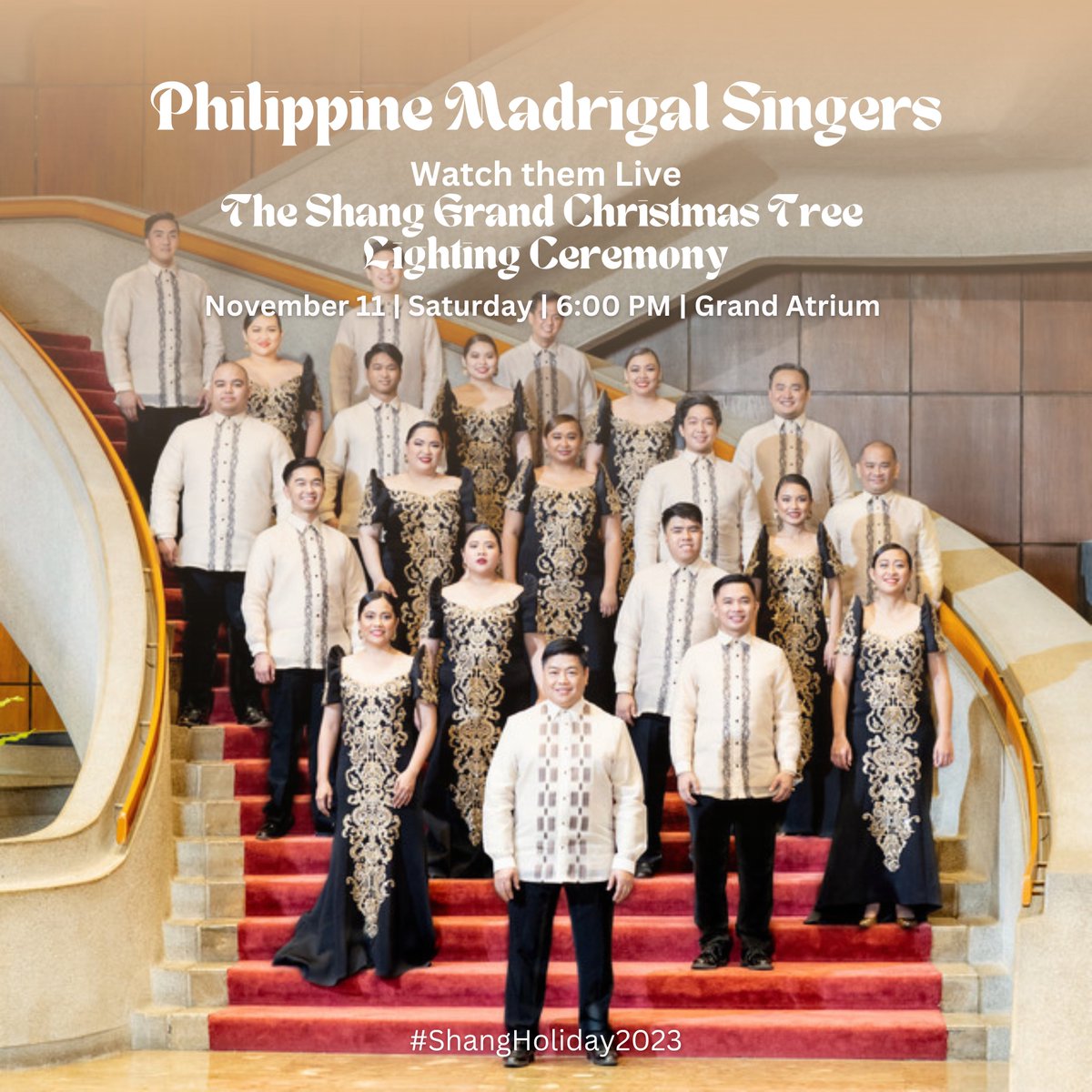 Come and be part of the festive Shang Grand Christmas Tree Lighting Ceremony happening this Saturday, November 11th, 6:00pm at the Grand Atrium. 📷📷
Experience the enchanting tunes of the Philippine Madrigal Singers!

#ShangHoliday2023 #SeeYouAtTheShang #InspiredByShang