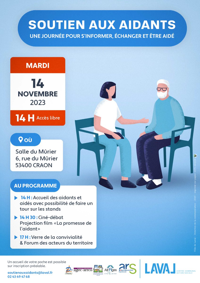 Bertrand de Guébriant (@guebriant) on Twitter photo Soutien aux #aidants : une journée d'info et d'échanges sur l’#accompagnement d’un proche et sur les #solutions de répit sur le territoire du <a href="/PaysCraon/">Pays de Craon</a>.
Pratique : mardi 14 novembre à 14h à la salle des fête sud Mûrier à #Craon. Accès libre et ouvert à tous. Soutien aux #aidants : une journée d'info et d'échanges sur l’#accompagnement d’un proche et sur les #solutions de répit sur le territoire du <a href="/PaysCraon/">Pays de Craon</a>.
Pratique : mardi 14 novembre à 14h à la salle des fête sud Mûrier à #Craon. Accès libre et ouvert à tous.
