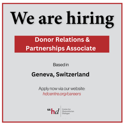 The Centre for Humanitarian Dialogue (HD) is looking for a Donor Relations & Partnerships Associate. More information here 👉 hdcentre.org/careers/donor-…