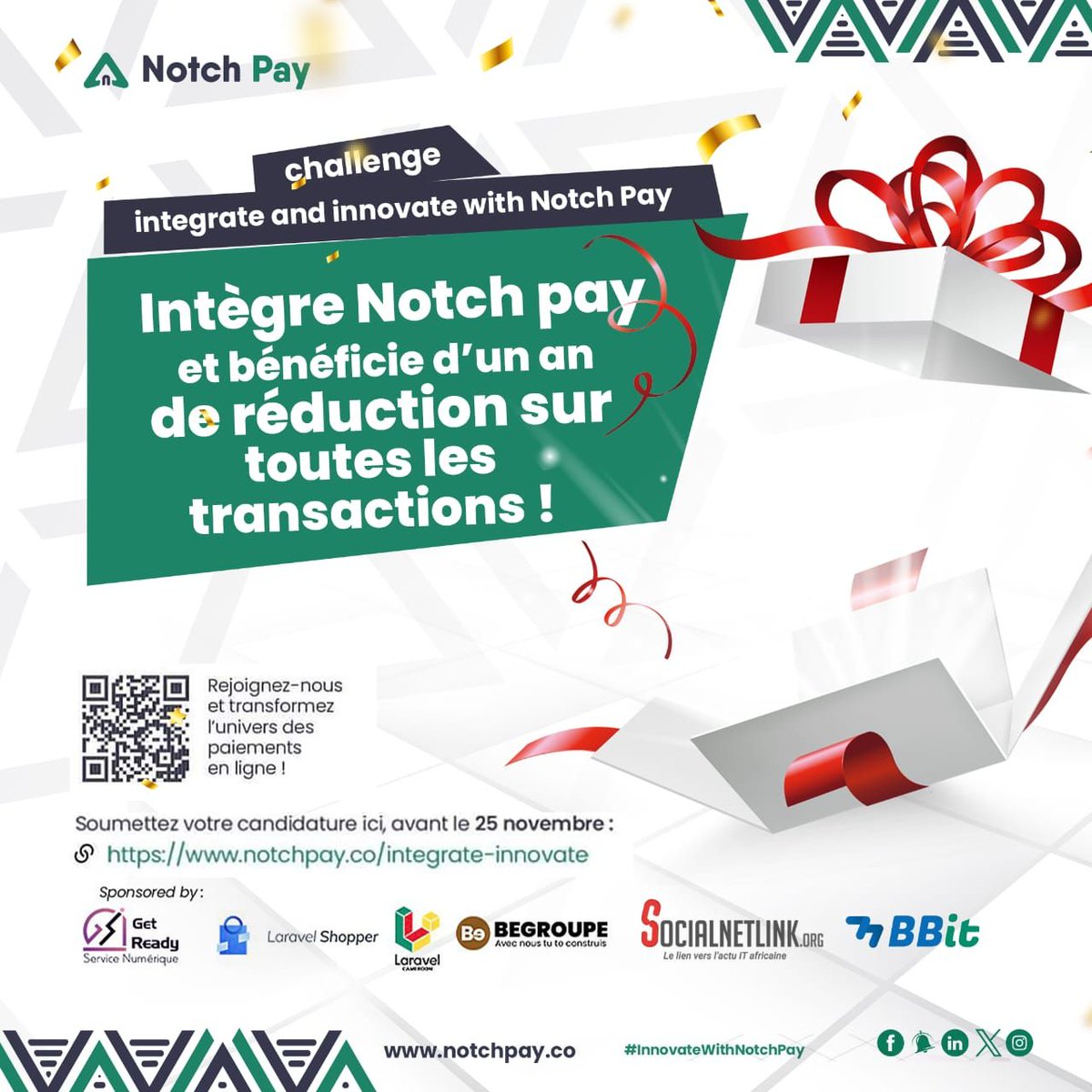 thenotchpay's tweet image. Encore une récompense qui attend le vainqueur du grand challenge!🏆
Si tu n’es pas encore de la partie, c’est le moment de postuler ici✍️ buff.ly/40brkir

#integrateandinnovate
#developpeursweb
#transactiongratuite
#jeuconcours