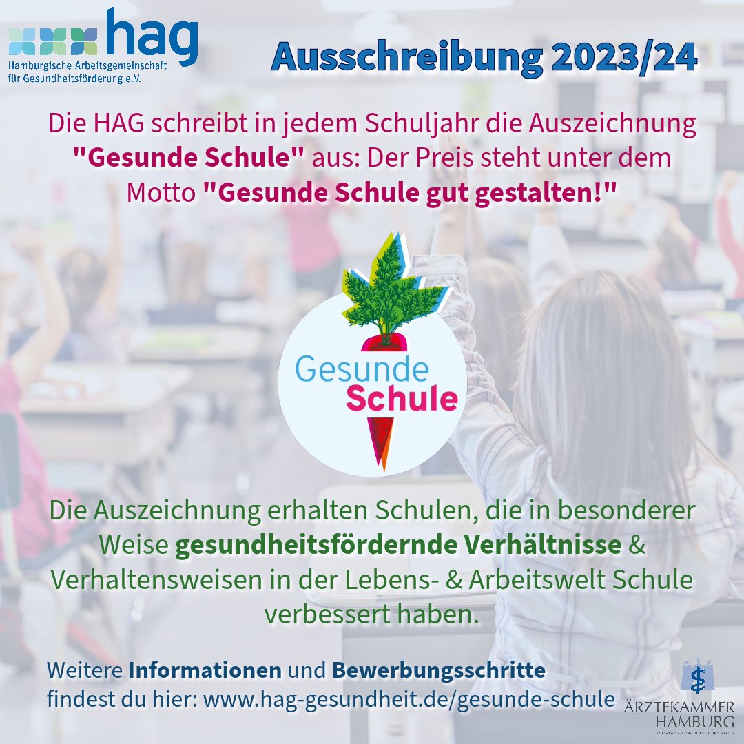 🏁 Die Hamburgische Arbeitsgemeinschaft für Gesundheitsförderung e.V. (#HAG) sucht zum 26. Mal #Gesundheitsfördernde #Schulen aus Hamburg!
📚 Anmeldeschluss für die Auszeichnung nach dem Motto „Gesunde Schule gut gestalten!“ ist der 30. November 2023.