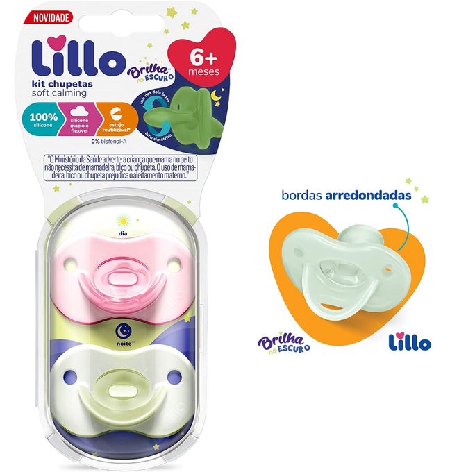 Kit de Chupeta 100% Silicone Calming Brilha no Escuro Bico Simétrico 6+ meses Lillo – Rosa