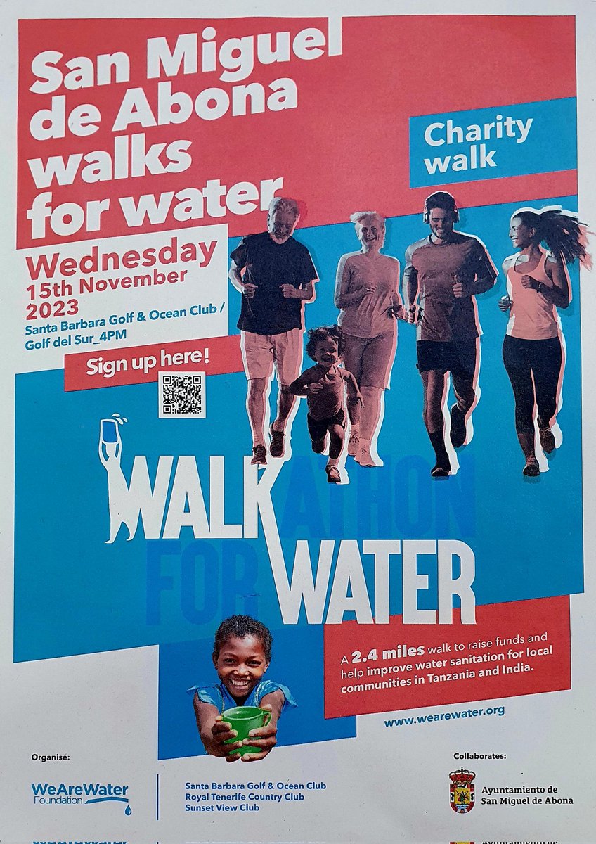 Join us on Wed 15th Nov 2023 for our Charity walk starting from #SantaBarbaraGolfandOceanClub.Ask at #RoyalTenerifeContryClub reception or use the QR code image to register and help us raise funds for projects in India & Tanzania by making a minimum donation of €5 @wearewater