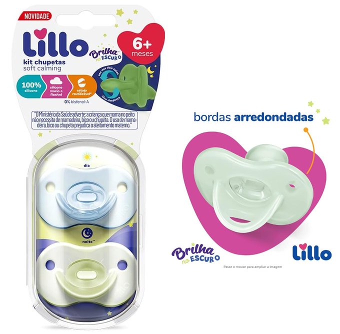 Kit de Chupeta 100% Silicone Calming Brilha no Escuro Bico Simétrico 6+ meses Lillo – Azul