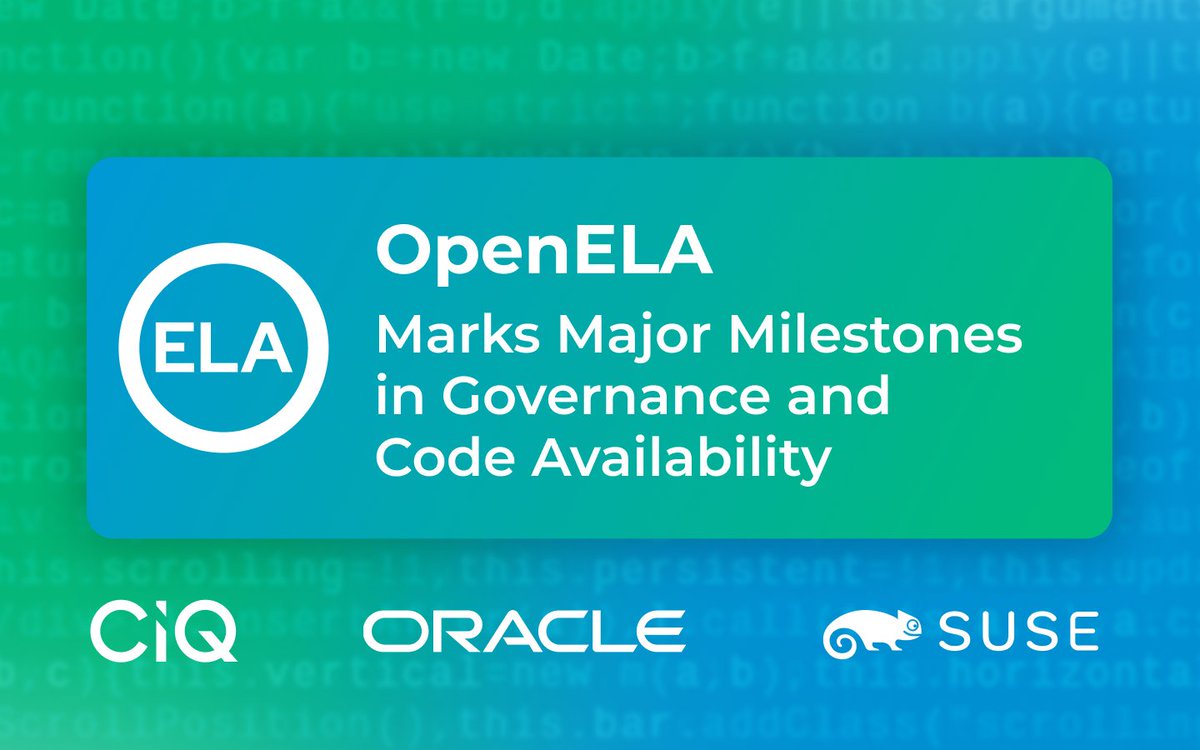 Last week <a href="/OpenELAorg/">OpenELA</a> marked major milestones! The source code for all packages needed to build an Enterprise Linux distro is now available. It’s incorporated as a Delaware nonprofit nonstock corporation and has formed its Technical Steering Committee. 
okt.to/Uqpbek