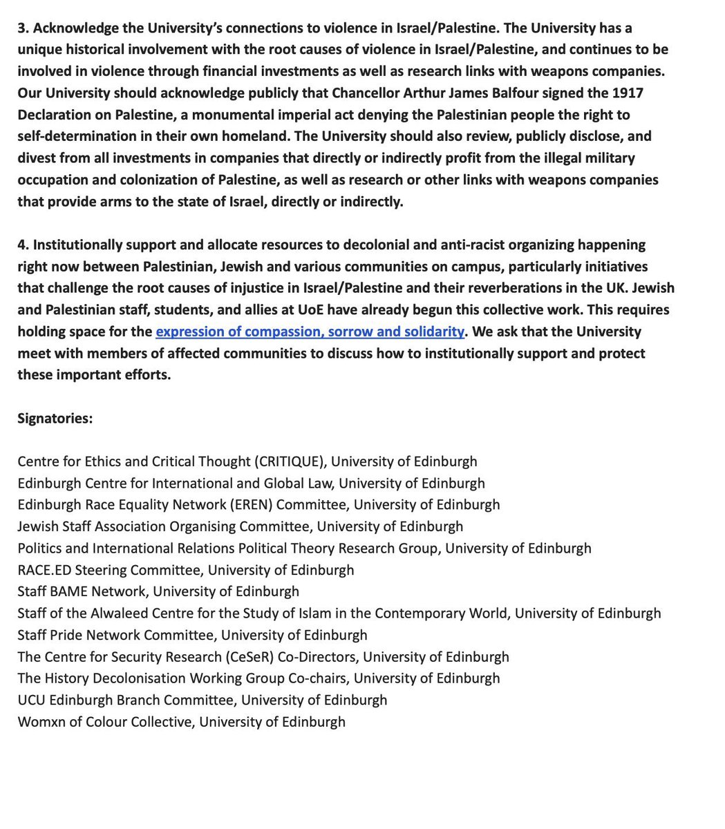 🟡Collective statement on the need to address historical and on-going links to Israeli settler colonial state violence (beginning with formal acknowledgement of Balfour as UoE's former chancellor), growing intimidation on campus and need to protect free speech on Palestine.