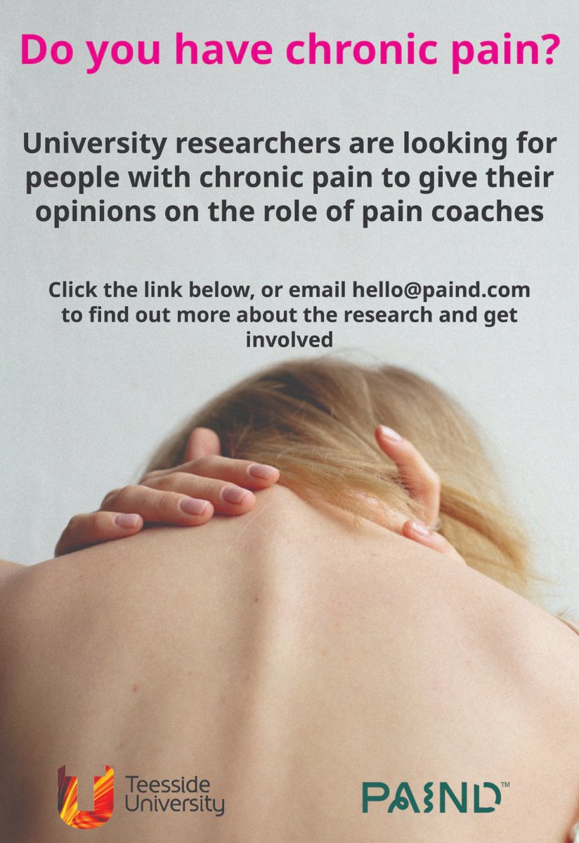 Researchers at Teesside University and PAIND are looking for people living with chronic pain to complete a short survey to give their opinions on what role a pain coach should serve in supporting people with chronic pain. paind.com/research/pain-…
