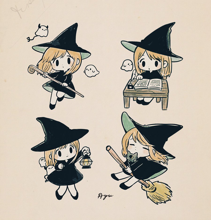 1girl hat witch hat broom ghost dress holding  illustration images