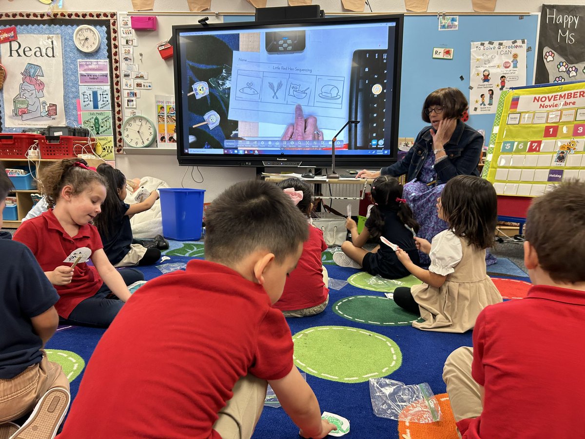 Mrs. Baker’s class uses stick puppets to retell The Little Red Hen. #talk #LANGUAGE #earlyliteracy #CFBISDPreK @BlairElemEagles