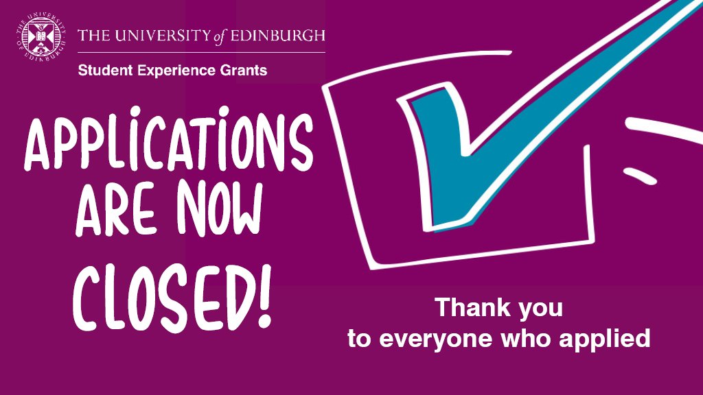 #StudentExperienceGrants are now closed for applications.

Many thanks to everyone who submitted an application!

Results will be made available in January.
ed.ac.uk/student-experi…