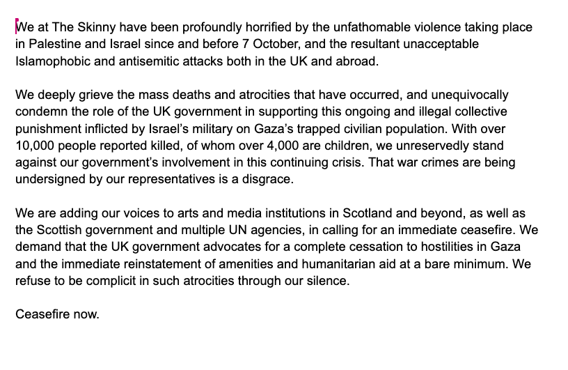 theskinnymag's tweet image. Ceasefire Now.
A statement from the editorial team at The Skinny.