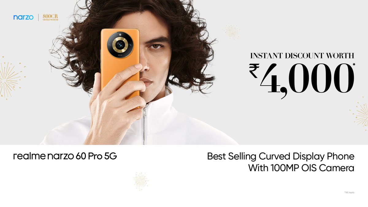 realmenarzoIN's tweet photo. Pick up the pro’s choice this #realmeFestiveDays with the #realmenarzo60Pro5G with instant ₹4,000* off during the #realme800CrOffer✨
#DareToShine with the #FastestGrowingBrand.
*T&C Apply
Buy now: https://t.co/ca8RCuplK2 https://t.co/ULrlXr2JFY