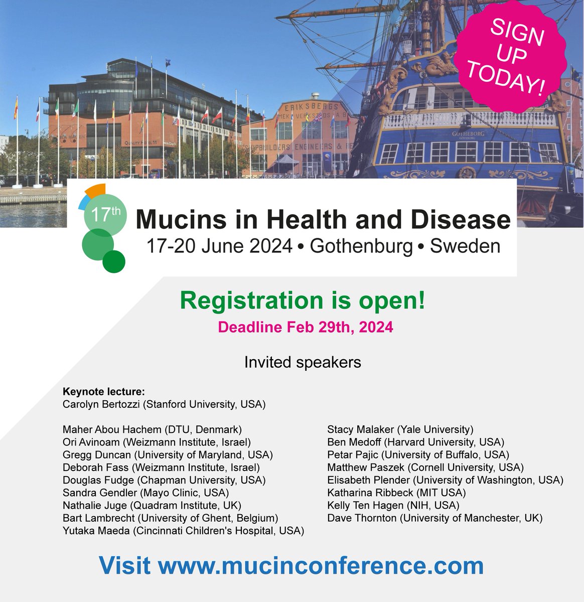We just opened registrations for Mucins in Health and Disease 2024!

With a fantastic lineup of invited speakers we hope to welcome you all to Gothenburg 17-20 June 2024. 

Spots are limited so hurry up and register! 

#glycotime #mucins