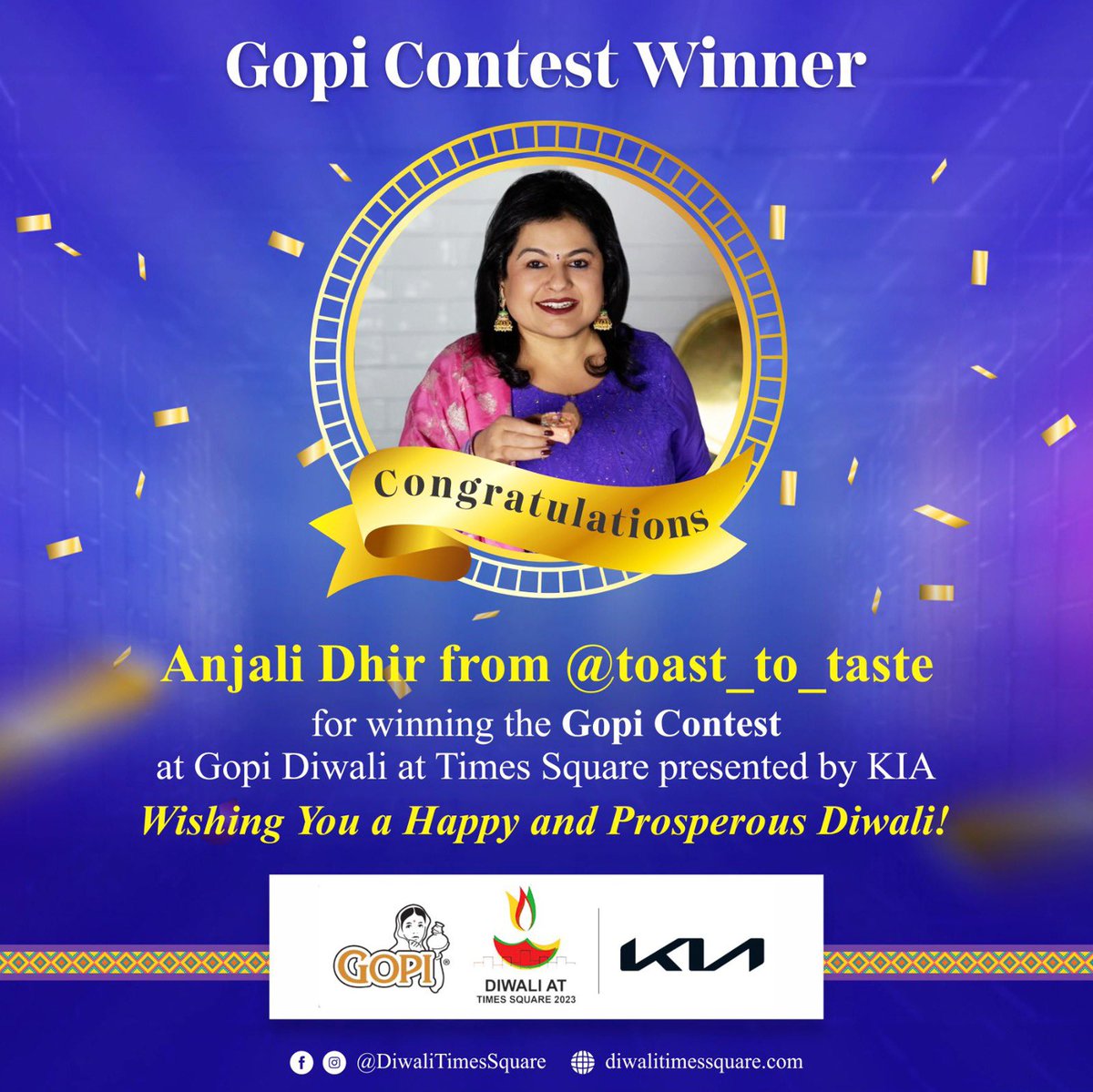 Gopi Diwali at Times Square presented by KIA extends our heartfelt congratulations to Anjali Dhir for winning the Gopi Logo Contest!🥳

Wishing you a very happy Diwali filled with the radiant light of happiness, and a big thank you for participating in the contest.🪔