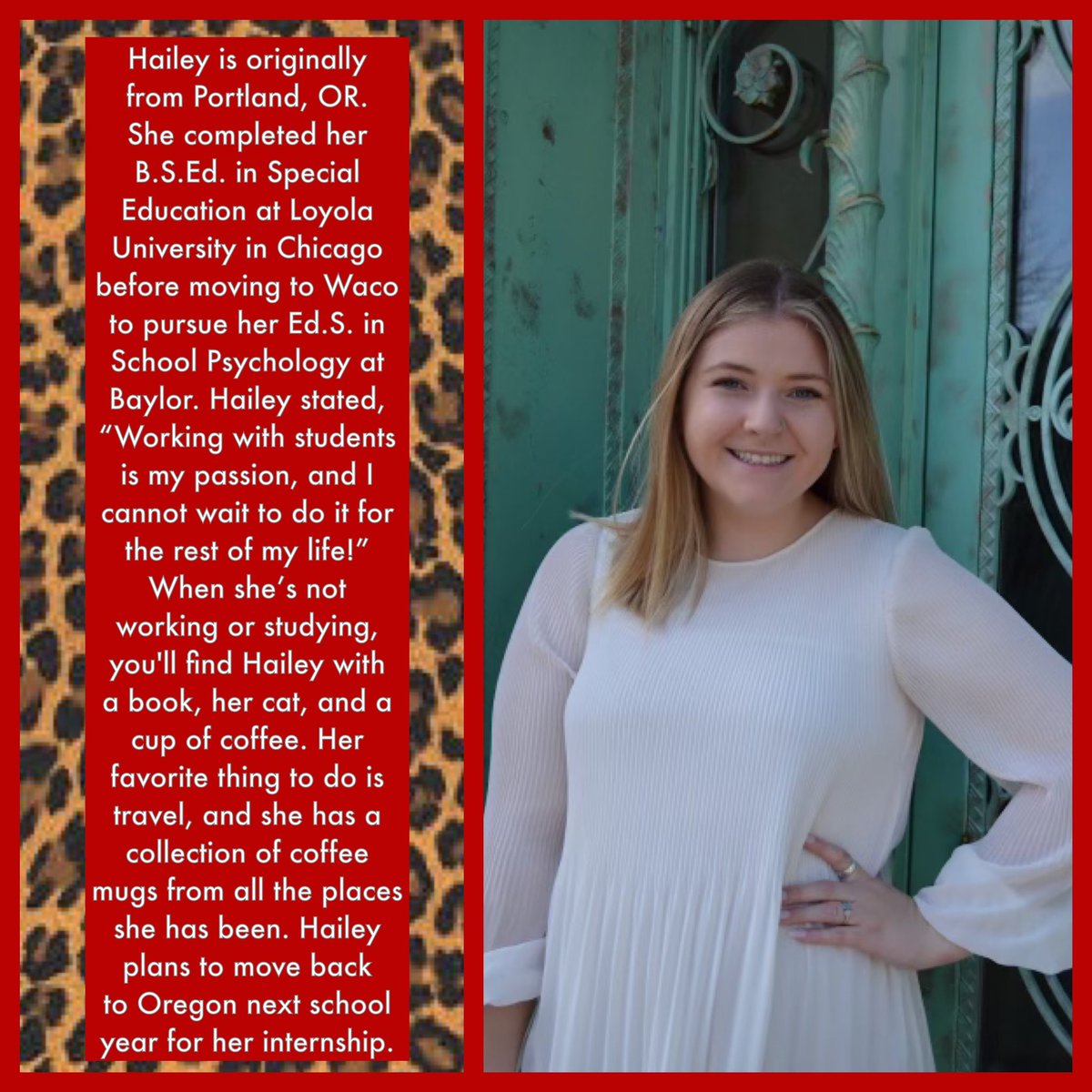 LeopardLSSP's tweet image. Get to know your school psych staff segment 3 of 3 - Our final segment highlights my Baylor LSSP practicum student, Hailey Short.
@LorenaISD @Lorena_Elem @LorenaPrimary @LHS_Leopards @Lorena_Middle