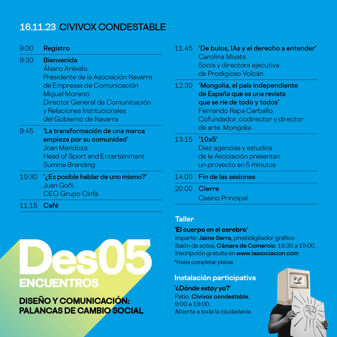 El próximo jueves 16 de noviembre en Civican Condestable tendrán lugar los #DesEncuentros de la mano de <a href="/AsoComunicaNa/">LaAsociación</a>. Un foro de profesionales de la comunicación en el que compartirán cómo el diseño y la comunicación pueden ser "palanca de cambio social".