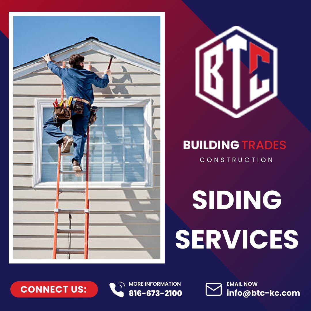 Looking for reliable siding services?
Connect with Building Trades Construction for all your construction needs.
Email us at info@btc-kc.com or call 816-673-2100 for more information.

#SidingServices
#SidingContractor
#SidingInstallation
#SidingRepair
#SidingReplacement