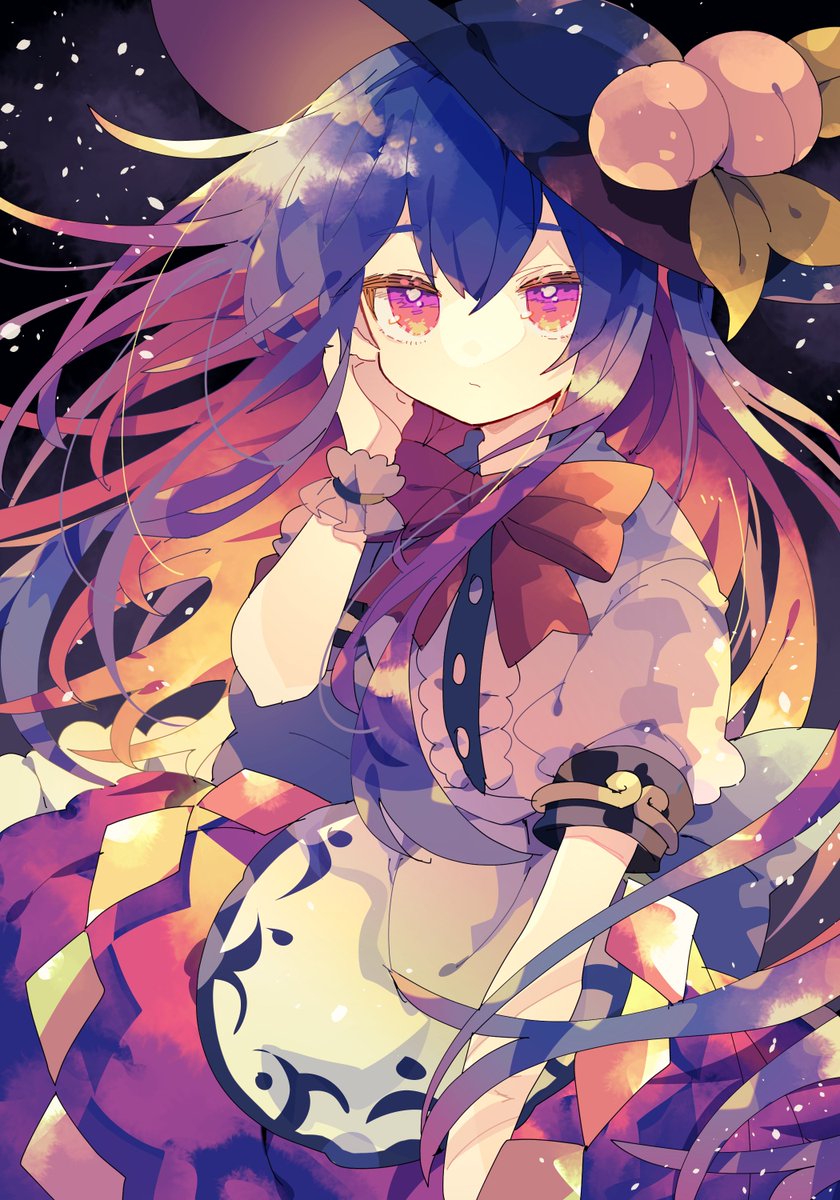 hinanawi tenshi 1girl solo long hair black headwear hat skirt food  illustration images